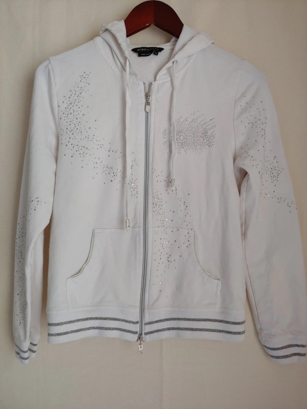 BCBG Y2K French Terry Cotton Hoodie with Rhinestones ~ white & silver